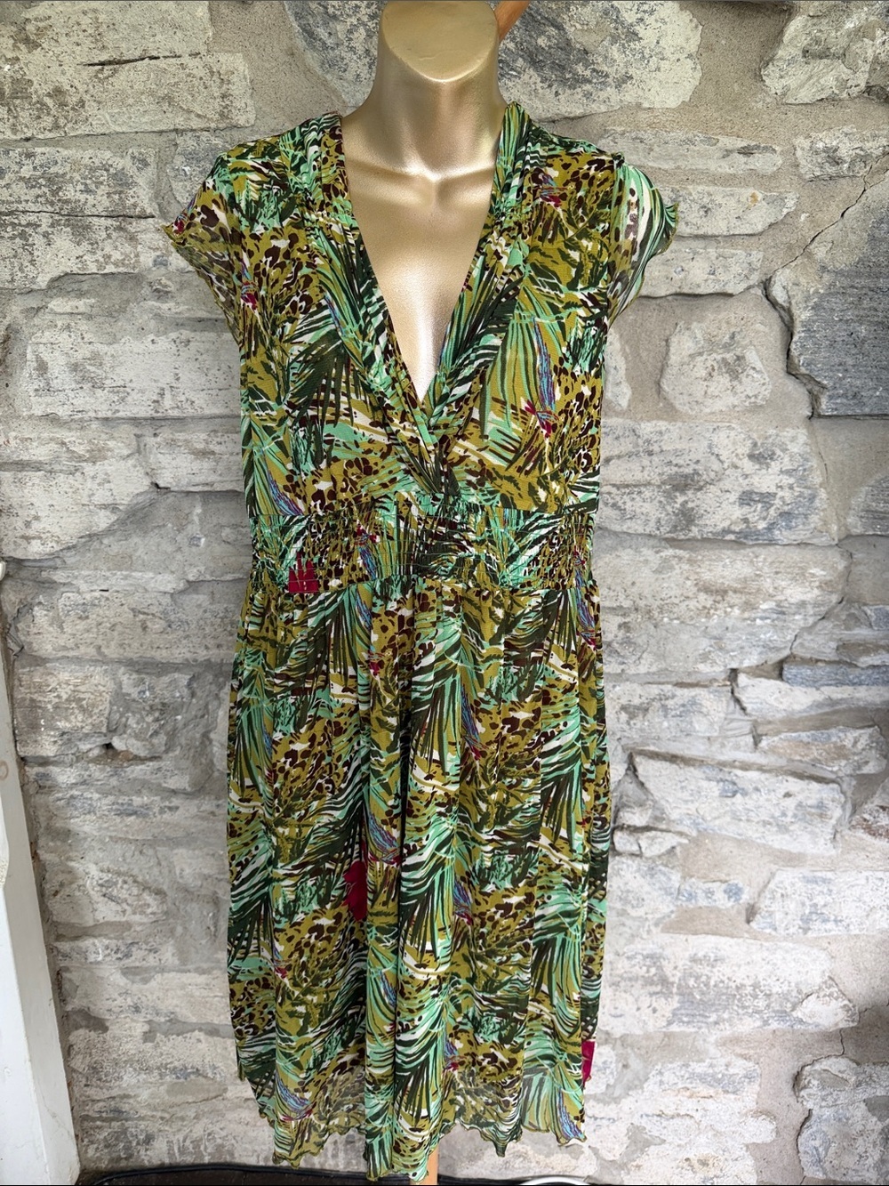 Floral Tropical V-Neck Women's Dress in Olive Green